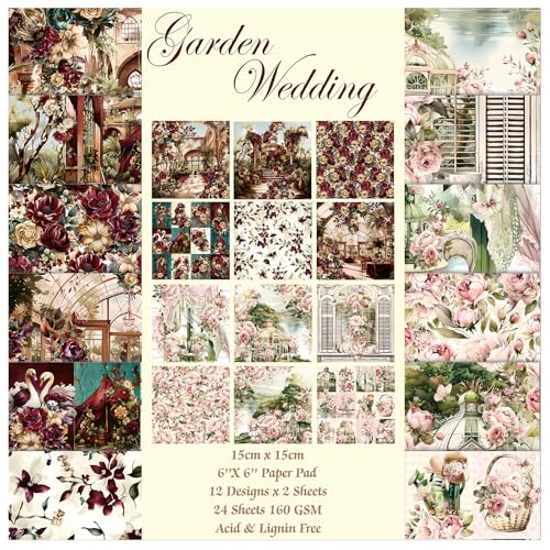 Scrapbook Paper, 24 Sheets 6"×6" 160gsm Single-Sided Patterned Cardstock | Vintage Decopodge Scrapbook Supplies, Junk Journal Decorative Crafts DIY Album Card Making Art Journaling.Garden Wedding - color: 24 sheets-garden wedding