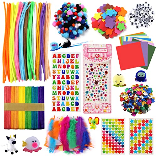DOITEM Pipe Cleaners Craft Supplies, 1000+Pcs Arts and Crafts Supplies Including Pipe Cleaner Wiggle Googly Eyes Pom Poms Feathers Sticks Sequins Foam Flowers Papers Heart Stickers for Kids Adults - color: 1000+