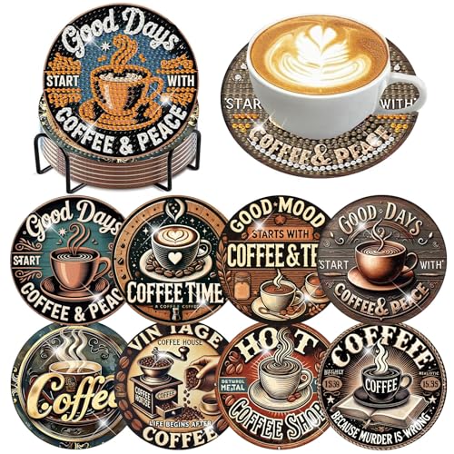 8Pcs Coffee Diamond Art Coasters Kits, Diamond Painting Coasters Kit | Coffee Diamond Art Painting Coasters Kits with Holder,DIY Diamond Art Coaster Kit for Beginners Adults Craft Supplies Gift - color: Inspirational Coffee