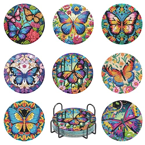 Mrnsiet 8 Pcs Butterfly Diamond Painting Coasters Kits with Holder, DIY Butterfly Diamond Art Coaster Non Slip Coaster for Tabletop Protection 4x4 Inch - color: BD8P2404