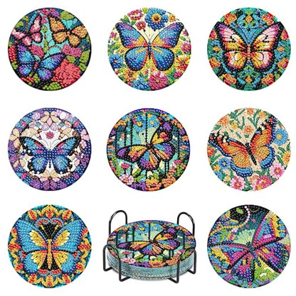 Mrnsiet 8 Pcs Butterfly Diamond Painting Coasters Kits with Holder, DIY Butterfly Diamond Art Coaster Non Slip Coaster for Tabletop Protection 4x4 Inch - color: BD8P2404