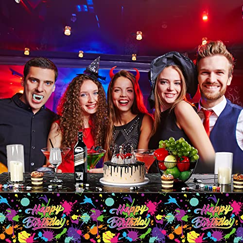 3 Pcs Glow in the Dark Tablecloth Disposable Plastic Neon Table Cloths Happy Birthday Glow Party Table Covers for Neon Black Light Birthday Party Paint Splatter Decorations Supplies, 54 x 108 Inch