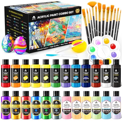 40 Pcs Classic & Metallic & Pastel Acrylic Paint Set with 12 Brushes, 2 Knives & Palette, 24 Colors (2oz/60ml) - for Adults, Kids, Artists & Beginners - Arts and Crafts Painting Kit - color: Mixed, size: 2 Fl Oz (Pack of 24)