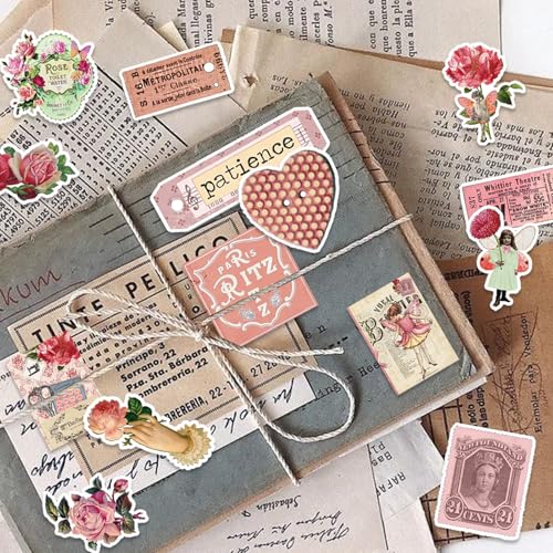 Bomichi Vintage Stickers, 102 Pcs Scrapbooking Supplies for Bullet Journals, Planners, Letter, Card Album Making, Collage Art, Crafts, Water Bottle - style: Rose