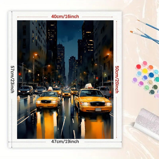 Urban Traffic Paint by Numbers Kit for Adults - DIY New York Yellow Cabs at Night Street Scene Painting on Canvas 16x20 Inches, Acrylic Paint Set for Beginners, Art for Home Decoration or Gifts - color: HSX00908, size: 16X20IN Folded