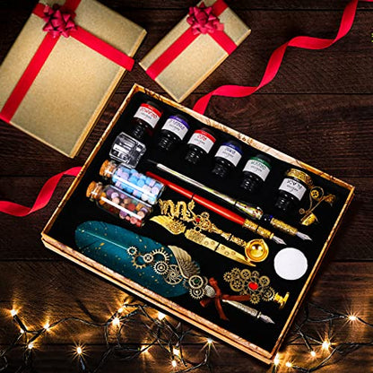 Aifeiter Quill Pen Feather Calligraphy Pen and Ink Set,Wax Seal Stamp Set,includes Quill Pen,Glass Dipping Pen,Wooden Dipping Pen,6 Bottles of Ink,8 Sheets of Writing Paper,Envelope-Green - color: Green