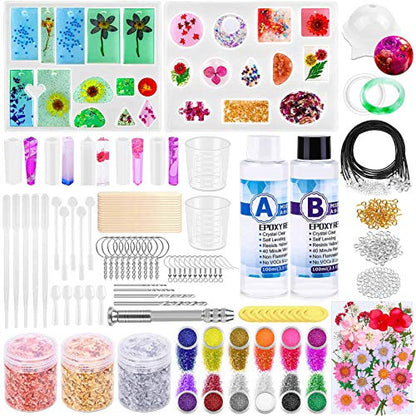 219Pcs Resin Kit for Beginners, Thrilez Resin Mold Kit with Resin Molds Silicone and Epoxy Resin Supplies Include Dried Flowers, Foil Flakes, Necklace Cord, Earring Hooks for DIY Jewelry Making