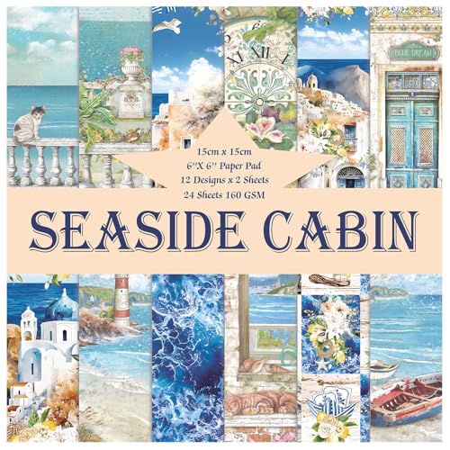 Scrapbook Paper, 24 Sheets 6"×6" 160gsm Single-Sided Patterned Cardstock - color: 24 sheets-seaside cabin