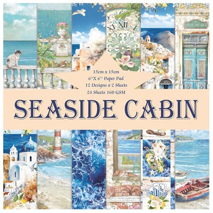 Scrapbook Paper, 24 Sheets 6"×6" 160gsm Single-Sided Patterned Cardstock - color: 24 sheets-seaside cabin