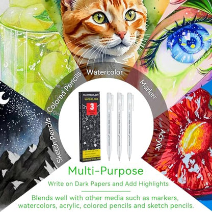 MARTCOLOR White Gel Pens, 3 Pack 0.5mm Extra Fine Point White Gel ink Pens | Opaque Archival Ink Pen for Black Paper Drawing, Art Highlight, Illustration, Bullet Journaling, Card Making & DIY Projects - style: White - 0.5mm