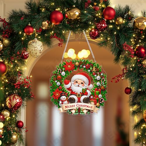 Eiflow Acrylic Christmas Diamond Art Hanging Kit for Adults Santa Claus, DIY Diamonds Painting Door Hanger Ornament Kit Wreath Crystal Diamond Art Painting Wall Window Hanging Pendant - color: Santa Claus