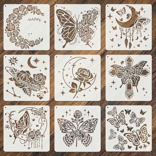 9 Pcs Butterfly Rose Stencils for Painting, Floral Moon Designs 8 Inch | Reusable PET Large Templates for Canvas, Wood Signs, Furniture Panels, Journals, and Room Decor - color: Butterfly