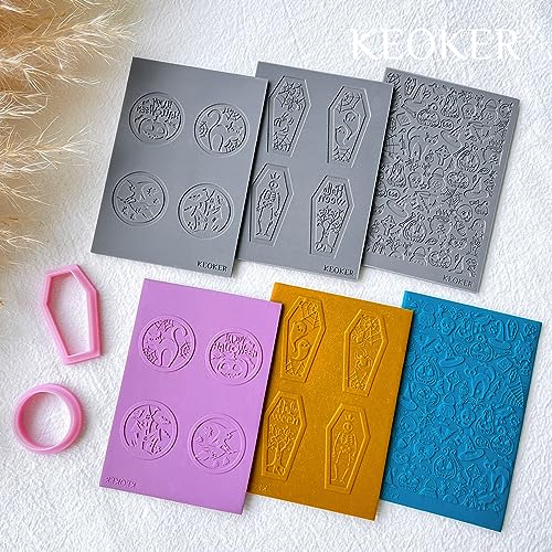 Keoker Texture Sheets for Polymer Clay, Clay Texture Mat for Making Earrings Jewerly, Halloween Polymer Clay Earrings Tools (No. 6) - color: polymer clay texture for Halloween 6