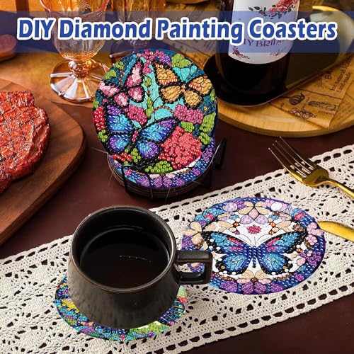 Mrnsiet 8 Pcs Butterfly Diamond Painting Coasters Kits with Holder, DIY Butterfly Diamond Art Coaster Non Slip Coaster for Tabletop Protection 4x4 Inch - color: BD8P2404