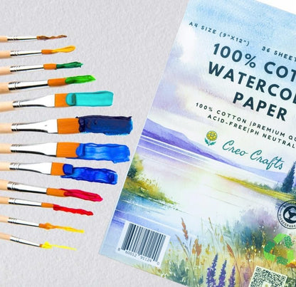 Creo Crafts 100% Cotton Watercolor Paper A4 (8.3 x 11.7 in) - 36 Sheets, 250 GSM Cold Pressed, Gelatin Sized, Acid-Free Natural White Artist Paper for Watercolour & Gouache - size: A4