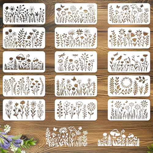 INFUNLY 15Pcs Wildflowers Wall Stencil for Painting 3.9×7.87" Reusable Floral Wall Stencils Butterfly Painting Stencil Small Flower Walls Template for Card Making Cement Wood Furniture Nursery Bedroom - style: 15PCS Wildflowers