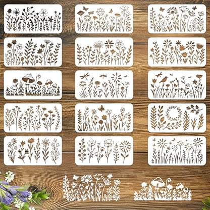 INFUNLY 15Pcs Wildflowers Wall Stencil for Painting 3.9×7.87" Reusable Floral Wall Stencils Butterfly Painting Stencil Small Flower Walls Template for Card Making Cement Wood Furniture Nursery Bedroom - style: 15PCS Wildflowers