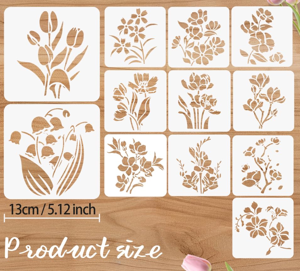 12 Pcs Large Flower Stencils for Painting, 5.12 X 5.12 Inch Flower Stencils for Crafts Reusable, Wood and Wall Stencils for Painting Large Pattern, DIY Templates Holiday Wall Paper (I) - style: I
