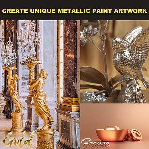 Acrylic Paint Metallic, 3pcs 13.5oz(375g) Gold & Silver & Bronze Leaf Paint | Gold Leaf Paint for Art Painting, Ideal for Canvas, Wood, Clay, Fabric, Ceramic, Stone, Glass Craft Supplies