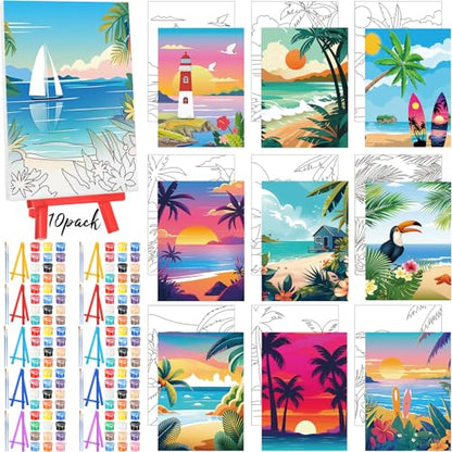 Blosssound 10 Set Pre Printed Canvas Pre Drawn Canvas Painting with Easel Kits 5" x 7" Outline Painting Panels for Beginners, DIY Craft Project, Party Favor, Home Decors(Landscape) - style: Landscape