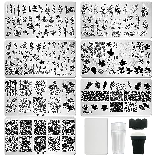 AddFavor Nail Stamper Kit 7pcs Nail Stamping Plates Flower Leaf Maple Nail Stencils with 2 Stamp and 2 Scraper for Home Salon Manicure Design Supplies Tools - color: Style B
