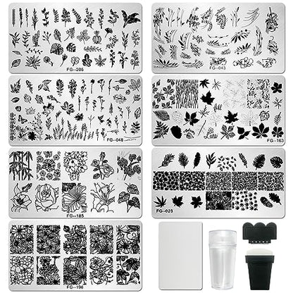 AddFavor Nail Stamper Kit 7pcs Nail Stamping Plates Flower Leaf Maple Nail Stencils with 2 Stamp and 2 Scraper for Home Salon Manicure Design Supplies Tools - color: Style B