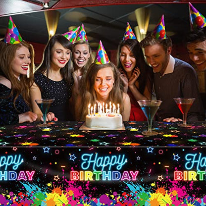 durony 2 Pack Glow in the Dark Birthday Party Tablecloth Neon Plastic Disposable Table Cover Paint Graffiti Happy Birthday Table Decorations for Let's Glow Birthday Party, 54 x 108 Inch - style: Neon Birthday