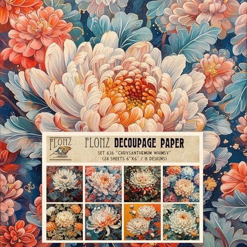 Decoupage Paper Pack (24 Sheets 6"x6") Chrysanthemum Whimsy: Ornate and Bold Chrysanthemum Blooms in Soft and Fiery Tones with Artistic Painterly Botanical Designs. # FLONZ Vintage Craft - color: Fiftytwo