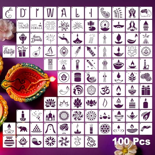 100 Pcs Small Stencils for Crafts, 2 Inch Reusable Cute Stencils for Painting on Wood DIY Craft for Drawing Templates Wall Home Decor Canvas Fabric (Diwali) - style: Diwali