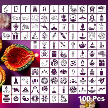 100 Pcs Small Stencils for Crafts, 2 Inch Reusable Cute Stencils for Painting on Wood DIY Craft for Drawing Templates Wall Home Decor Canvas Fabric (Diwali) - style: Diwali
