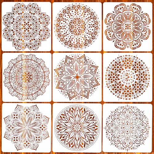 Eunvabir 9 Pack 12x12'' Mandala Stencils for Painting on Wood, Floor, Wall, Tile Fabric, Reusable Furniture Stencils Painting Template