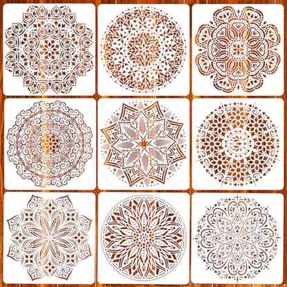 Eunvabir 9 Pack 12x12'' Mandala Stencils for Painting on Wood, Floor, Wall, Tile Fabric, Reusable Furniture Stencils Painting Template