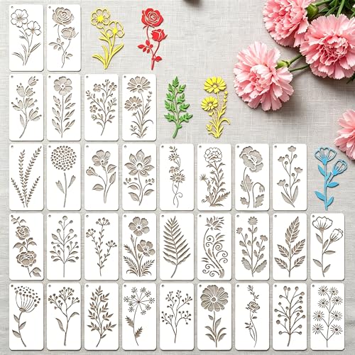 32 Pcs Wildflower Stencils for Painting on Wood, Reusable Flower Leaf Stencils, Plastic DIY Craft Drawing Templates Set for Wall Paper, Canvas, Rock Art and Home Furniture Decor