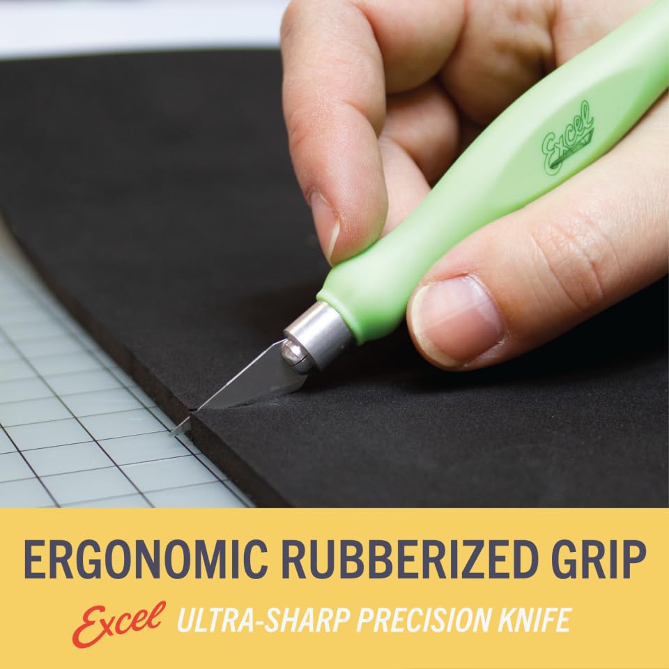 Excel Blades Fit Grip Craft Knife With #11 Ultra-Sharp Carbon Steel Angled Blade – Precision Hobby Knife With Contoured Rubberized Grip For DIY, Art Crafts, And Model Projects – Green, Made in the USA - color: Green