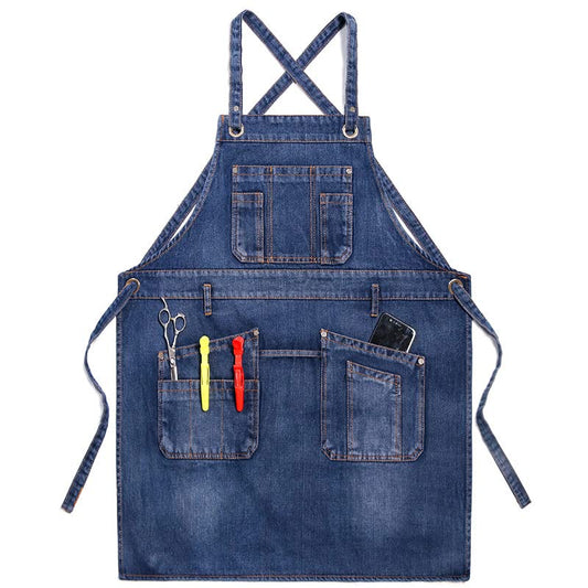 Apron for Women and Men - Adjustable Vintage Distressed Cotton Bib Aprons with Large Pockets for Cooking - color: Denim Apronblue