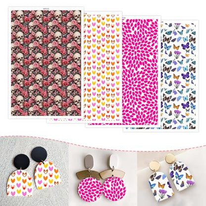 20 Pcs Clay Transfer Paper for DIY Art Crafts, Halloween Skull Floral Butterfly Heart 4 Pattern Design Water Polymer Clay Transfer Sheets Paper for Polymer Clay Jewelry Earrings Making 5.82X3.93 in - color: 4 Pattern Sets