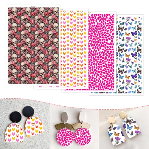 20 Pcs Clay Transfer Paper for DIY Art Crafts, Halloween Skull Floral Butterfly Heart 4 Pattern Design Water Polymer Clay Transfer Sheets Paper for Polymer Clay Jewelry Earrings Making 5.82X3.93 in - color: 4 Pattern Sets