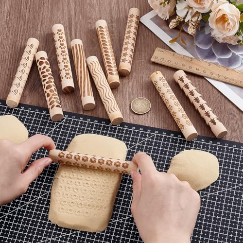 WADORN 10 Styles Wooden Clay Texture Rollers Set for Pottery, 10Pcs Wood Handle Pottery Tools 4.3x0.6'' Clay Textured Rolling Pin Modeling Pattern Roller Kit for DIY Crafts Ceramics Modeling Painting