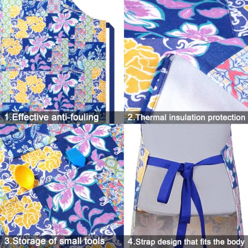 2 Pack Bid Aprons, Adjustable Kitchen Apron with 3 Pockets, Chef Works Apron. - color: Navy Flower