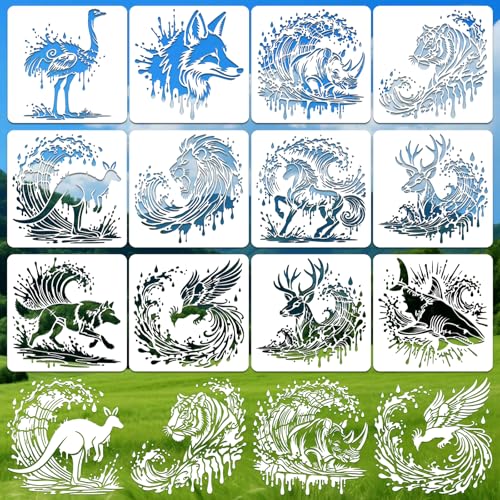 Animal Wave Stencils for Crafts Reusable 12Pcs Stencils(11.8X11.8 Inch) | DIY Art Painting Stencil Furniture Decor Kit for Wood Embroidery Wall Silk Screen Journaling - color: Animal Wave