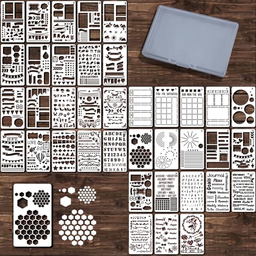 Letter & Number Stencils with Transparent Storage Box, 38 Pc Reusable Journal Stencils for Painting & Journaling, 4 x 7 in Alphabet Template for DIY Art, Drawing, Spray, Graffiti &Calligraphy - style: Journal-38pc
