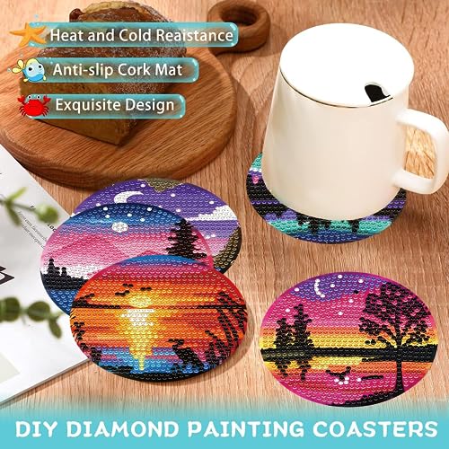 8 Pcs Diamond Art Coasters Kits with Holder, Landscape DIY Diamond Paintings Coaster Kits,Scenery Full Drill Rhinestone Painting Kits for Adults Beginners Art Craft Supplie for Tabletop Protection.
