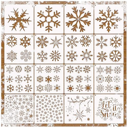 16 Pieces Christmas Snowflake Stencil Reusable Large Winter Stencils Plastic Holiday Crafts Stencils for Window Glass Wall Doormat Wood Decoration (16 Snowflakes) - style: 16 Snowflakes