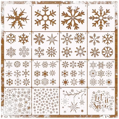16 Pieces Christmas Snowflake Stencil Reusable Large Winter Stencils Plastic Holiday Crafts Stencils for Window Glass Wall Doormat Wood Decoration (16 Snowflakes) - style: 16 Snowflakes