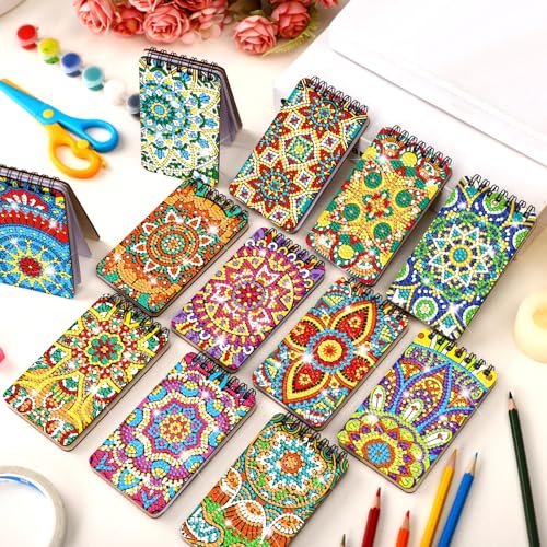 Fuyoooo 12 Pcs Mandala Diamond Art Notebook for Adults, 4.72 x 2.83 Inch | Mandala Diamond Art Kits, DIY Cover Notebook Diamond Painting for Beginners, 5d Journal Art Notepad Accessories - style: Mandala