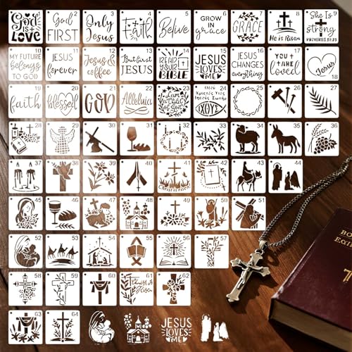 Christian Stencils for Painting, 64 Pcs 3 Inch for Cards Journals | Reusable & Easy to Clean, Cross Jesus & Angel Designs, Gift Tags, Scrapbooks, Sunday School Crafts, Beginner Friendly - color: Bible