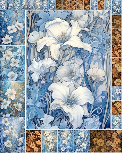 Decoupage Paper Pack (35 Sheets 6"x8") Beautiful Blue and Orange Illustrations of Pretty Fowers FLONZ Vintage Illustration Pictures Cards for Decoupage, Craft and Scrapbooking - color: Ten