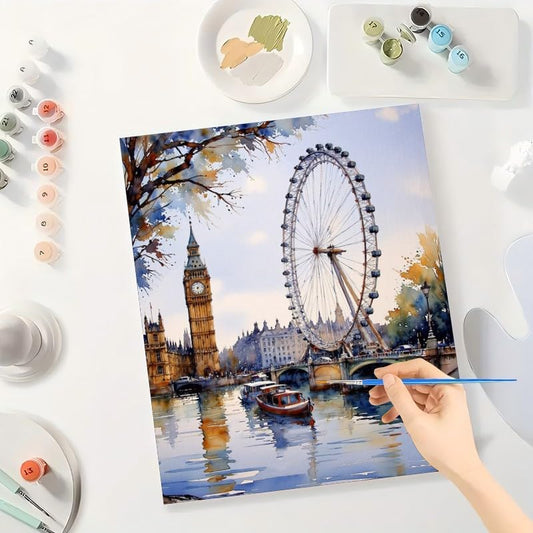 London River Scene Paint by Numbers Kit for Adults - DIY Big Ben and London Eye by Thames Painting on Canvas, Acrylic Paint Set for Beginners, Art for Home Decoration or Gifts(12X16IN Framed) - color: HSX01428, size: 12X16IN Framed