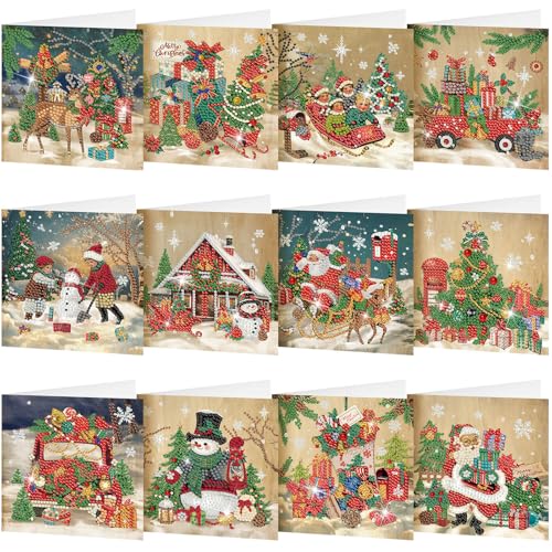Saillong 12 Pack Vintage Christmas Diamond Painting Greeting Card Kits DIY Retro Christmas Diamond Art Cards with Envelopes Xmas 5D Rhinestones Painting for Adults DIY Craft Family Friend Xmas Gifts - color: Retro Christmas