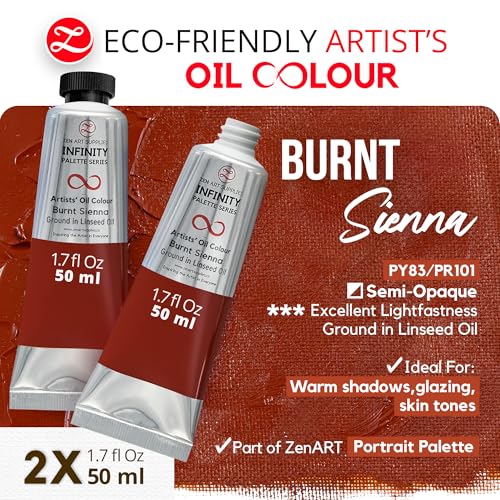 ZenART Professional Oil Paint Set - Artist Grade Burnt Sienna - 2x50ml | Non-Toxic, Buttery Consistency, Rich Pigment, Lightfast Oil Paints for Primed Surface Canvas, Fine Art, Portraits & Landscape - color: Burnt Sienna